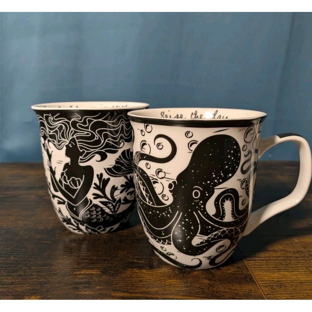 Karma Siren Mermaid Octopus Mug 2 Set Black White Inspirational Tea Coffee Cups